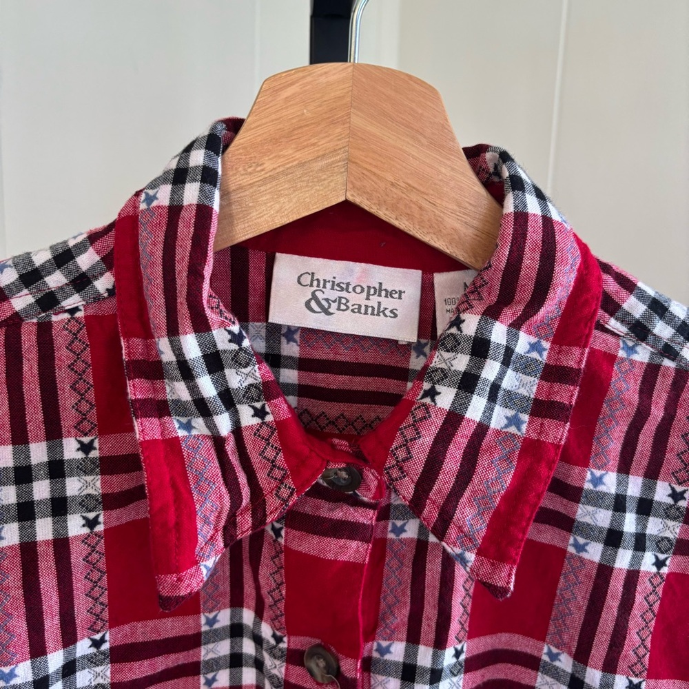 Christopher & Banks Women Med Cropped Button Up Shirt Red Plaid 3/4 Sleeve *NOTE